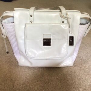 BADGLEY MISCHKA White Leather HELENA RAFFIA SHINE Tote Handbag